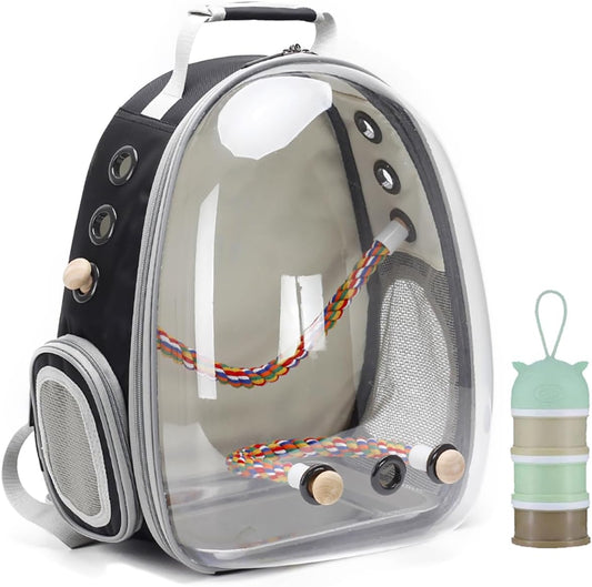 Professional Bird Travel Carrier: Clear Astronaut-Style Backpack for Parakeets, Cockatiels, and Parrots with Metal Tray Feeder and Wooden Perch, Ideal for Veterinary Transport
