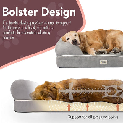 Orthopedic Dog Bed, Memory Foam Pet Sofa, Calming Dog Couch, Water Resistant Pet Bed, Washable Cover, Non-Slip Bottom, Chester, Grey, 50" X 40" X 13"