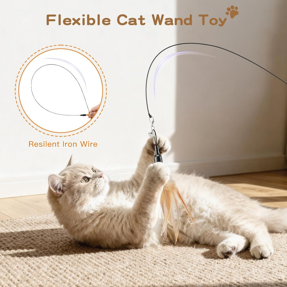 Interactive Cat Feather Wand Toy with Two Feathers and Bell