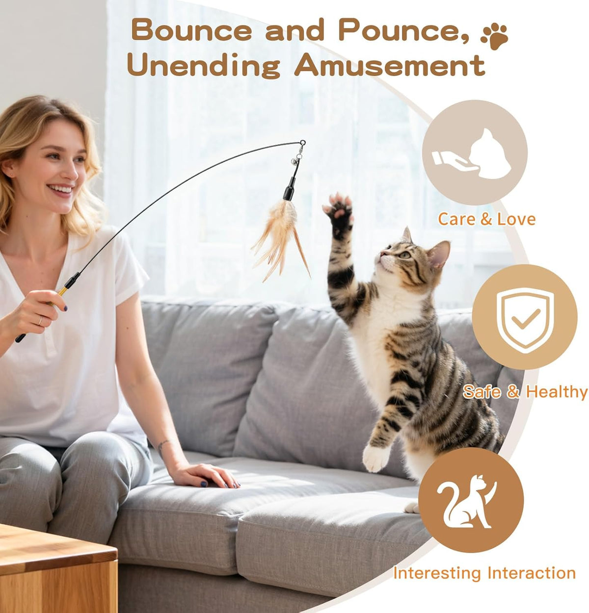 Interactive Cat Feather Wand Toy with Two Feathers and Bell